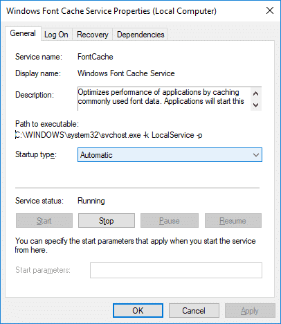Windows フォント キャッシュ サービスを開始し、スタートアップの種類を[自動]に設定します。  Windows 10 でフォント キャッシュを再構築する