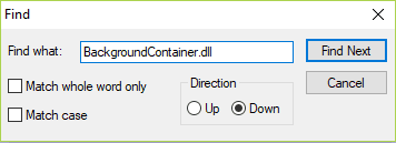 エラー メッセージに関連する BackgroundContainer.dll と入力し、[次を検索]をクリックします。