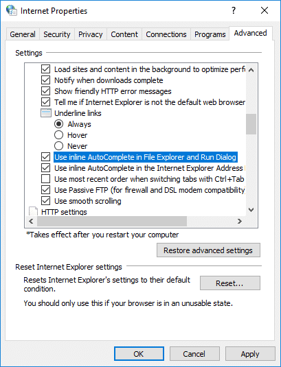 ファイル エクスプローラーでインライン オートコンプリートを使用し、ダイアログを実行するにチェックを入れます。