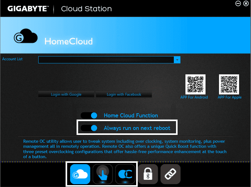 次回 Cloud Server Station、GIGABYTE Remote、および Remote OC を再起動するときに常に実行するを無効にします。