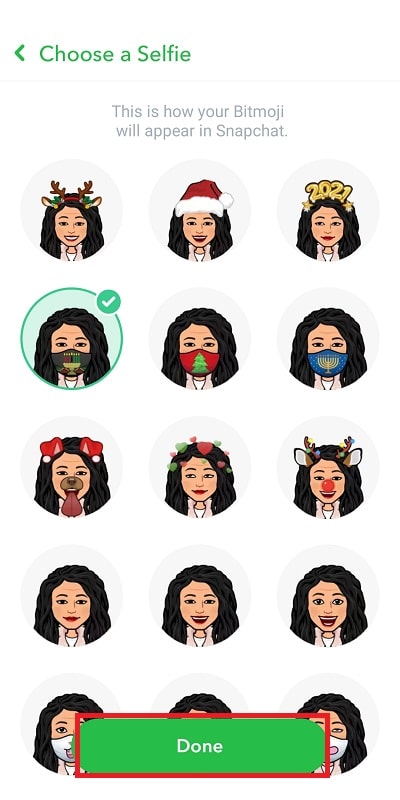 bitmoji セルフィーのムードを選択し、[完了 |]をタップします。  SnapchatでBitmoji Selfieを変更する方法