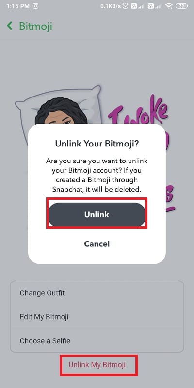 Bitmoji アバターを削除するには、[Bitmoji のリンクを解除]をタップします。  SnapchatでBitmoji Selfieを変更する方法