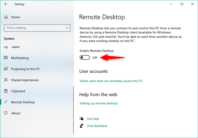 Windows 10 でリモート デスクトップが無効になっている