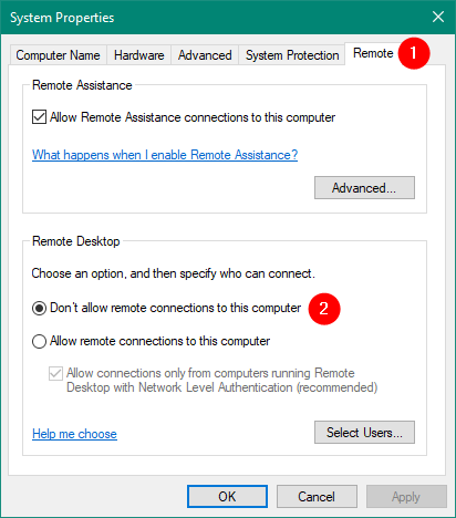 このコンピュータへのリモート接続を許可しない