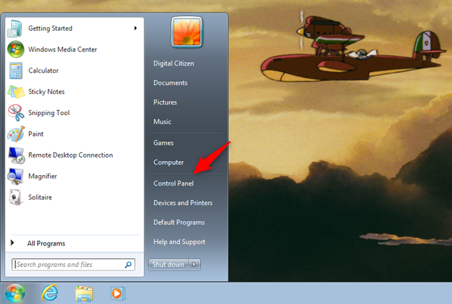 Windows 7 でコントロール パネルを開く