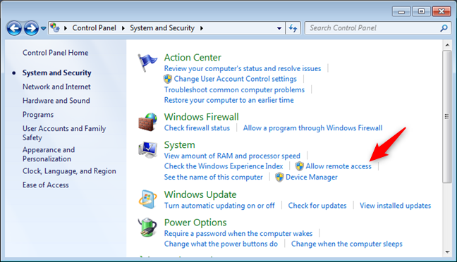 Windows 7 でリモート アクセス設定を許可する