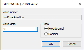 NoDriveAutoRun フィールドの値を 91 に変更します。16 進数が選択されていることを確認してください。
