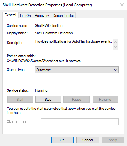 Shell Hardware Detection サービスのスタートアップの種類が[自動]に設定されていることを確認し、[開始]をクリックします。
