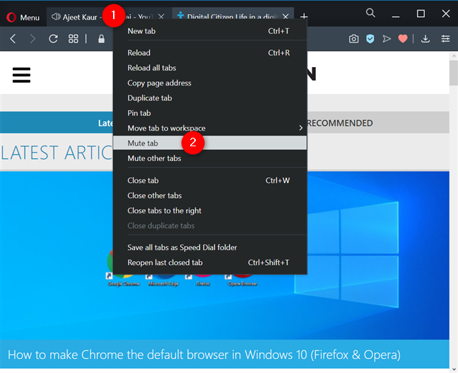 コンテキスト メニューから Opera のタブをミュートする方法