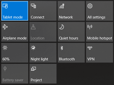 アクション センターで[タブレット モード]をクリックしてオンにします。  Windows 10 でタブレット モードに切り替える方法