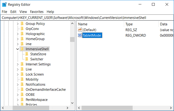 [ImmersiveShell]を選択し、ウィンドウの右側のペインで[TabletMode DWORD]をダブルクリックします。