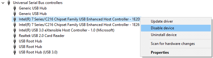 [ユニバーサル シリアル バス コントローラー]を展開し、[USB コントローラー]を右クリックして[無効にする]を選択します。