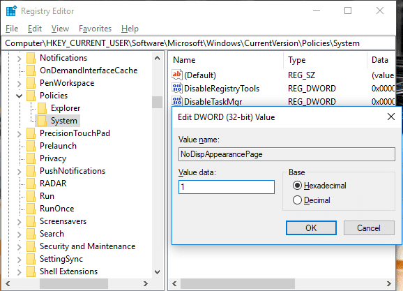 NoDispAppearancePage の値を 1 に変更して、Windows 10 での色と外観の変更を防止します