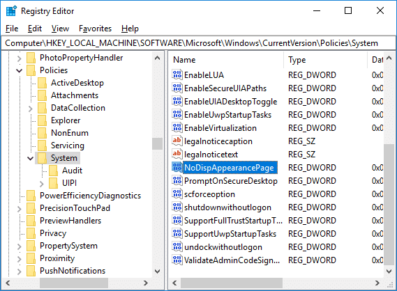 すべてのユーザーのシステムに DWORD ページ NoDispAppearancePage を作成します。