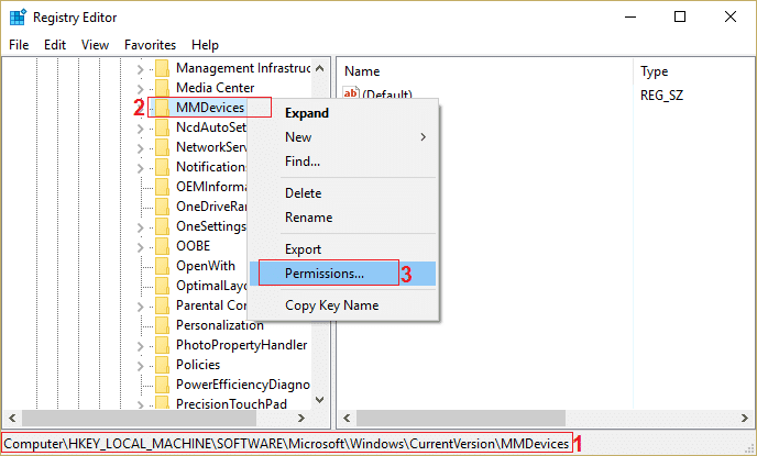 MMDevices を右クリックし、[アクセス許可]を選択します。
