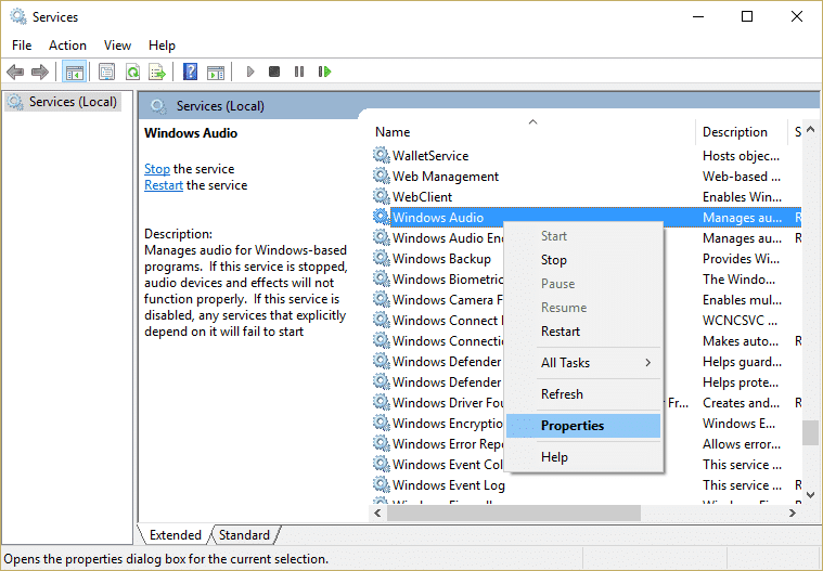 Windows オーディオ サービスを右クリックし、[プロパティ]を選択します。