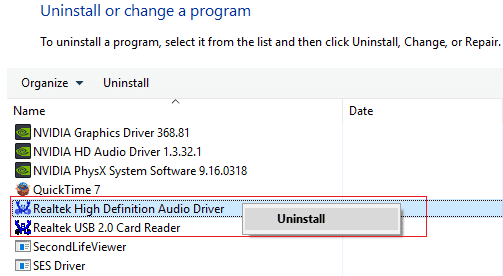 Realtek ハイ デフィニション オーディオ ドライバーをアンインストールする