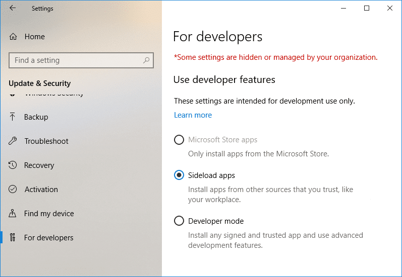 Windows 10 で開発者モードを有効または無効にする