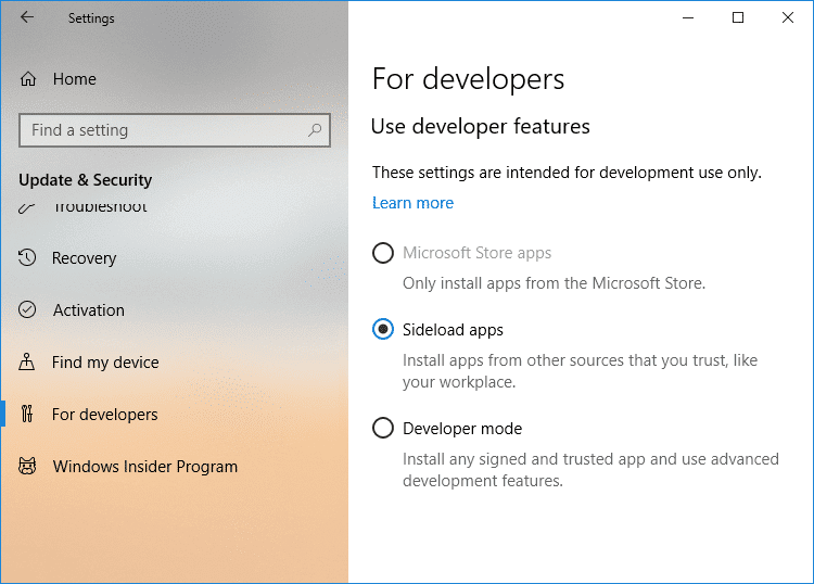 Windows ストア アプリ、試用版アプリ、または開発者モードを選択する
