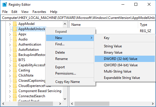 AppModelUnlock を右クリックし、[新規]、[DWORD (32 ビット) 値]の順に選択します。