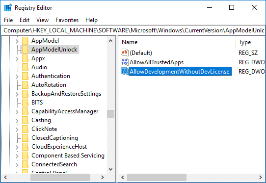 同様に、AllowDevelopmentWithoutDevLicense という名前の新しい DWORD を作成します。