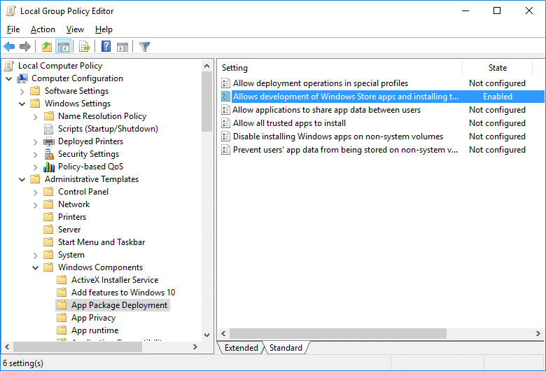 すべての信頼できるアプリのインストールを許可し、Windows ストア アプリの開発と統合開発環境 (IDE) からのインストールを許可する
