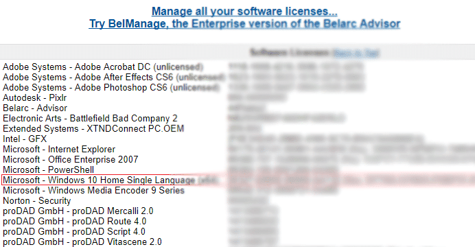 Software Licenses の下に、25 文字の英数字のプロダクト キーがあります。