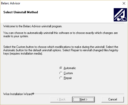 自動を選択し、[次へ]をクリックして Belarc Advisor をアンインストールします