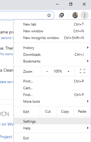 Chrome ウィンドウの 3 ドット メニューをクリックし、[設定]を選択します。