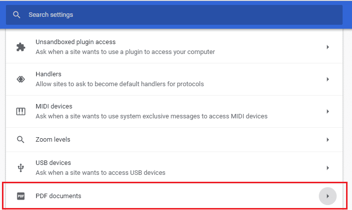 コンテンツ設定ページを下にスクロールして「PDFドキュメント」を見つけてクリックします