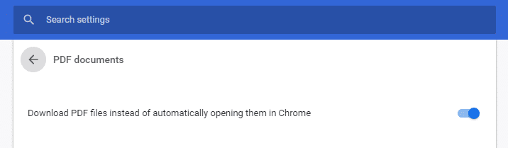 「PDF を Chrome で自動的に開く代わりにダウンロードする」スイッチを有効にします。