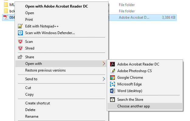 任意の PDF ファイルを右クリックし、[プログラムから開く]を選択して、別のアプリを選択します。