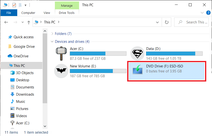 この PC の下に、イメージ ファイルとなる新しいドライブが表示されます。