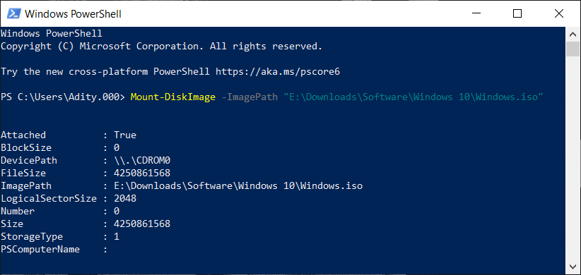 コマンド Mount-DiskImage -ImagePath CPATH.ISO を入力します。
