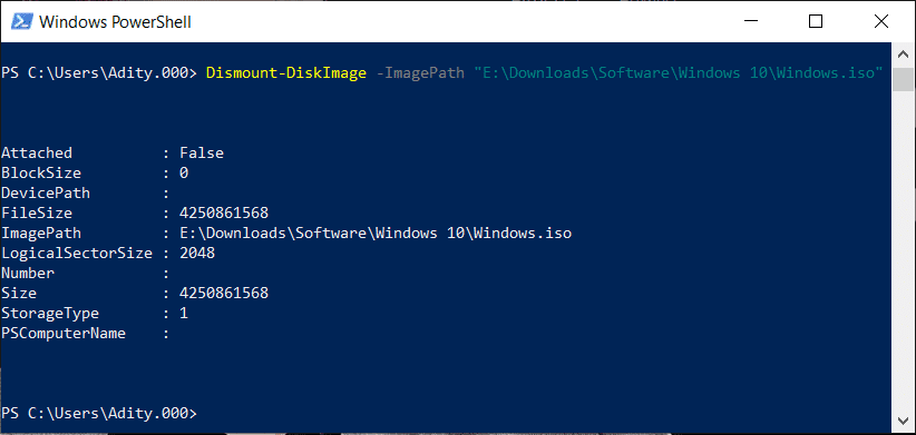コマンド Unmount DiskImage imagePath c file iso を入力します