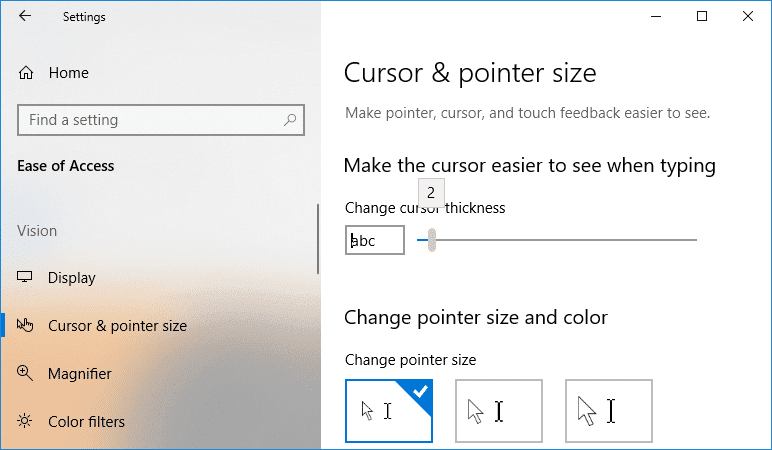 [カーソルの太さ]で、スライダーを左にドラッグしてカーソルの太さを減らします。