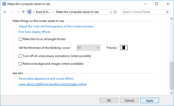 コントロール パネルでカーソルの太さを変更する