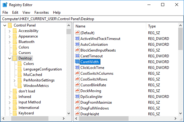[デスクトップ]を選択し、右側のウィンドウ ペインで CaretWidth DWORD をダブルクリックします。