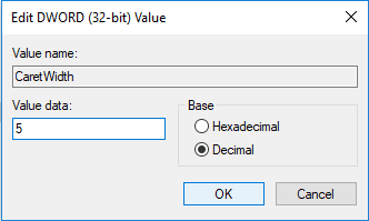 値のデータ フィールドに、必要なカーソルの太さを表す 1 ～ 20 の数値を入力します。