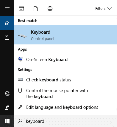 Windows Search に「キーボード」と入力し、検索結果から[キーボード]をクリックします。
