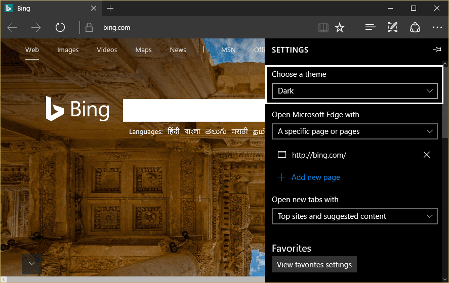 Microsoft Edge の設定から、テーマの選択でダークを選択します