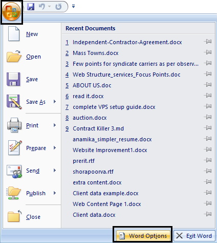 Microsoft Office メニューから、[Word のオプション]をクリックします。