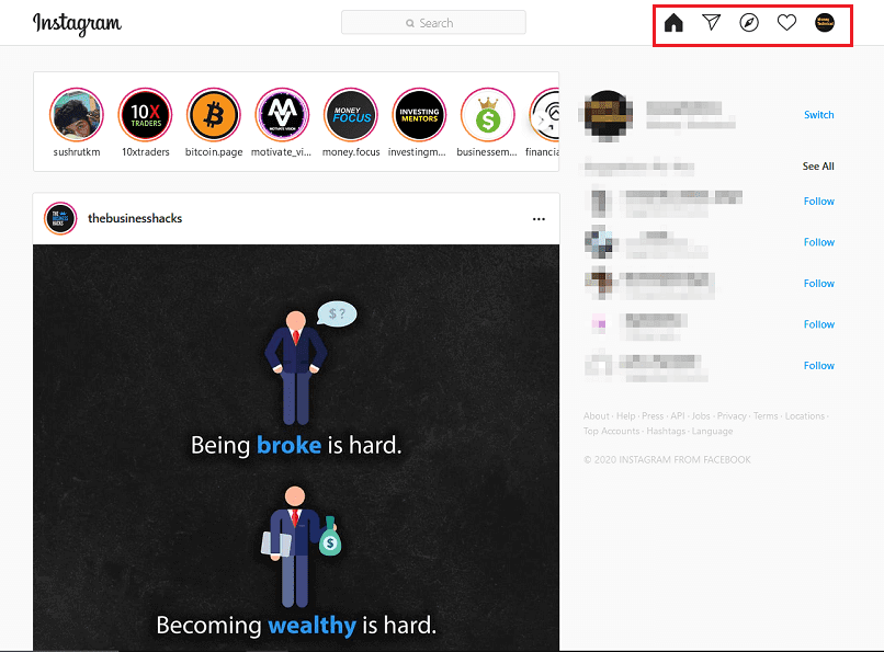 PC上のInstagramウェブアプリ