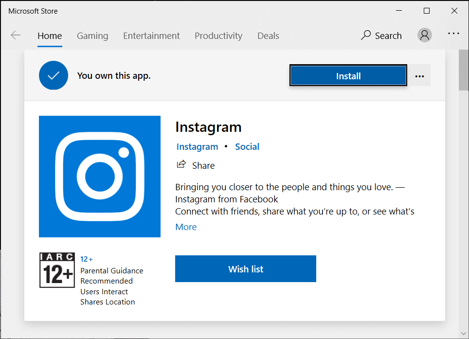 [インストール]ボタンをクリックして、Instagram for Windows 10 PC をインストールします。