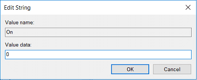 [オン]をダブルクリックし、その値を 0 に変更して、下線付きのホットキー ショートカットを無効にします。