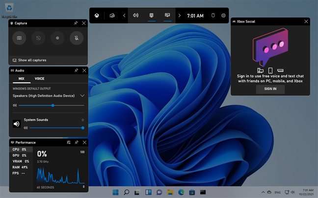 デスクトップの Windows 11 の Xbox Game Bar