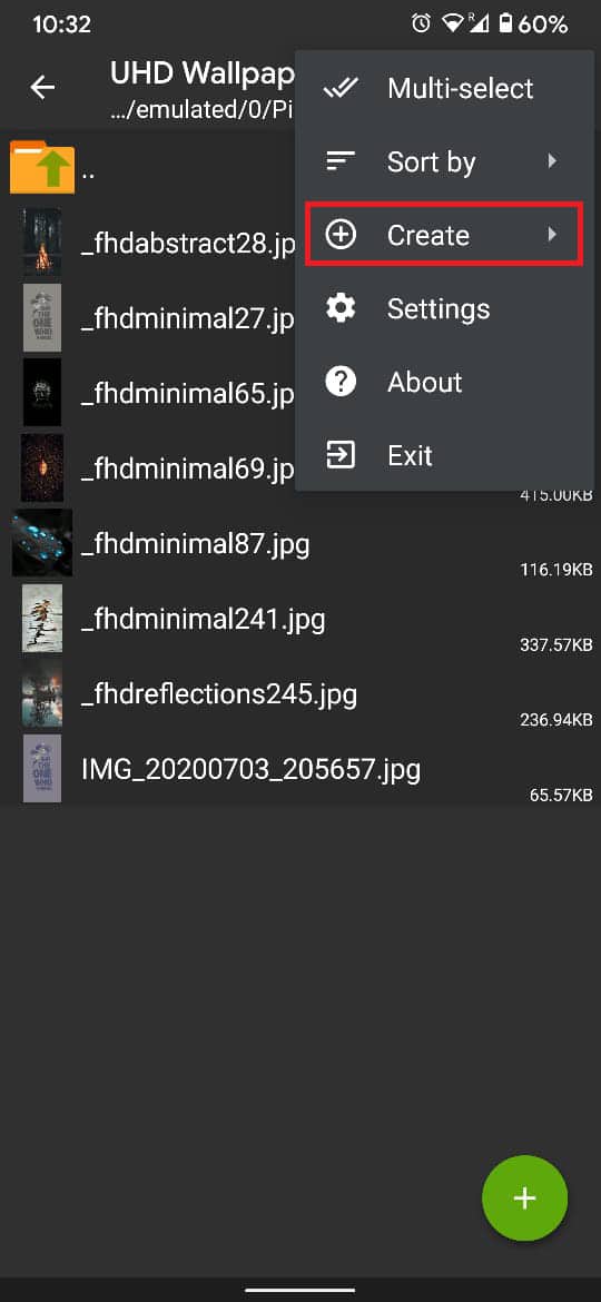 表示されるオプションのリストから、[作成]を選択します。  | |  Android デバイスでファイルを解凍する方法