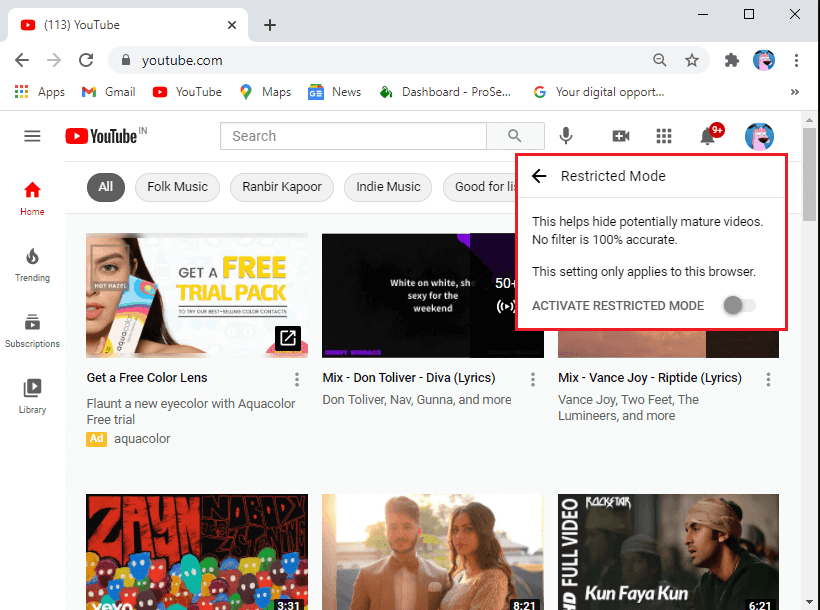 「制限付きモードを有効にする」オプションのスイッチをオンにします