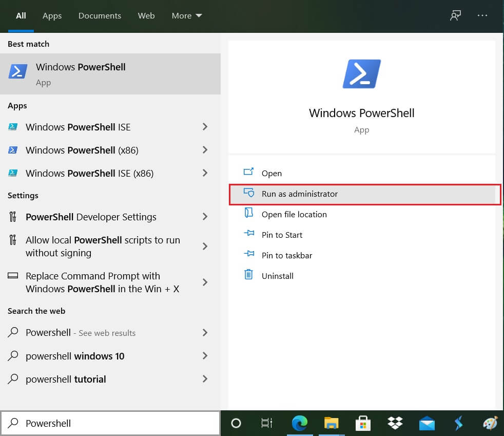 Windows 検索で「Powershell」と入力し、Windows PowerShell を右クリックします。