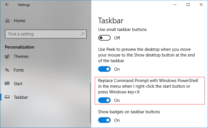 [スタート]ボタンを右クリックするか、Windows キー + X キーを押したときに、メニューで[コマンド プロンプトを Windows PowerShell に置き換える]を有効にします。